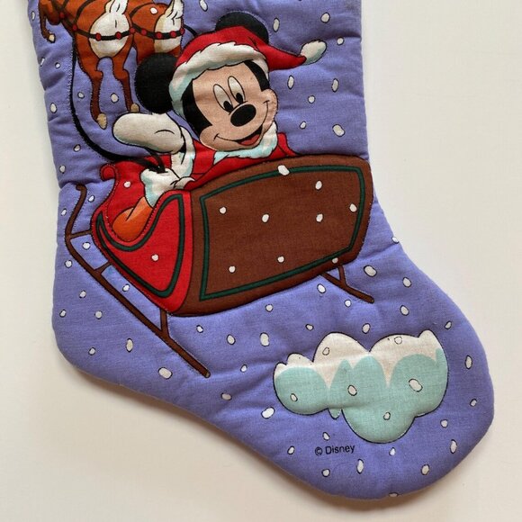 90s Disney Christmas Stocking Xmas Holiday Quilted Decor Mickey Sleigh Ride - Picture 3 of 4
